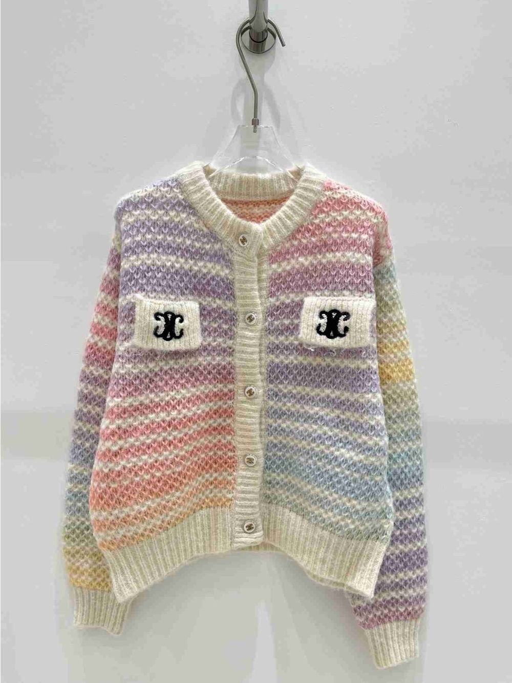 Celine Pastel Multi-Stripe Knit Cardigan with Cream Trim